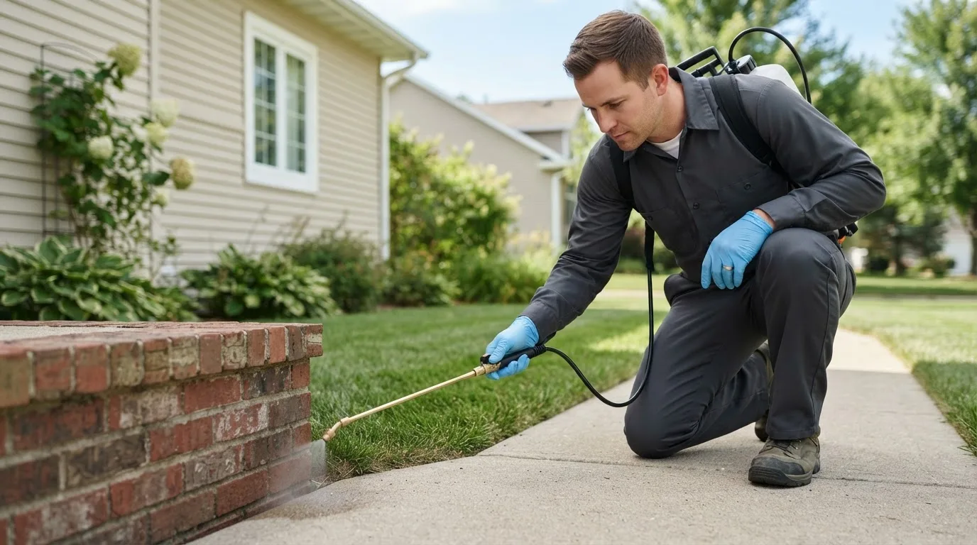 Pest control technician treating a home near Jewett City, CT